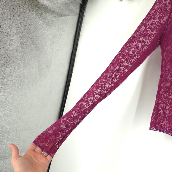 Free People Intimately Maroon Mesh Floral Long Sleeve Top Size Medium - Picture 6 of 9